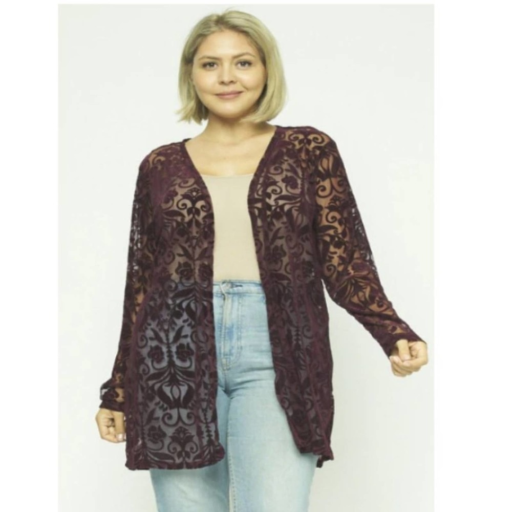 MESH AND VELVET FLORAL OPEN CARDIGAN